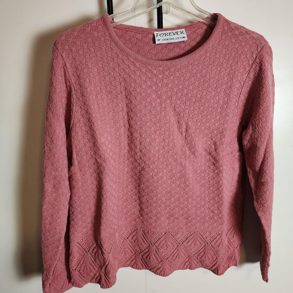 Forever Creative Cotton Vintage Mauve Pink Textured Knit Sweater Made in USA M